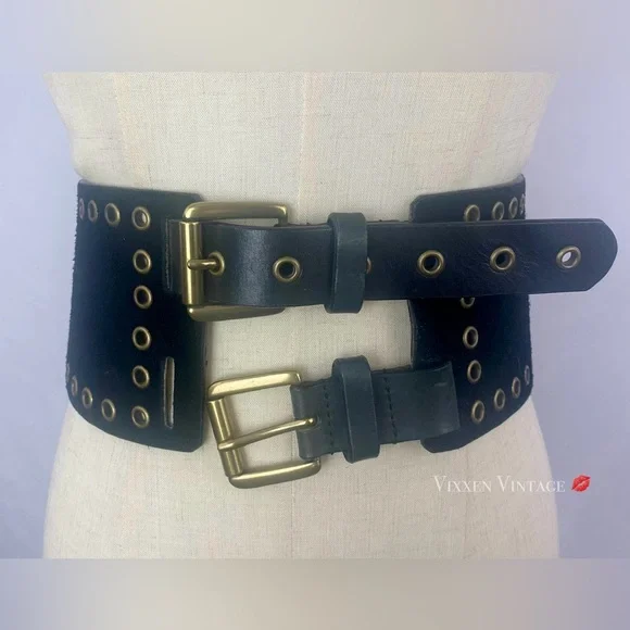 VINTAGE 1980’S WIDE DOUBLE BUCKLE SUEDE GROMMET CORSET BELT IN BLACK - Picture 4 of 8